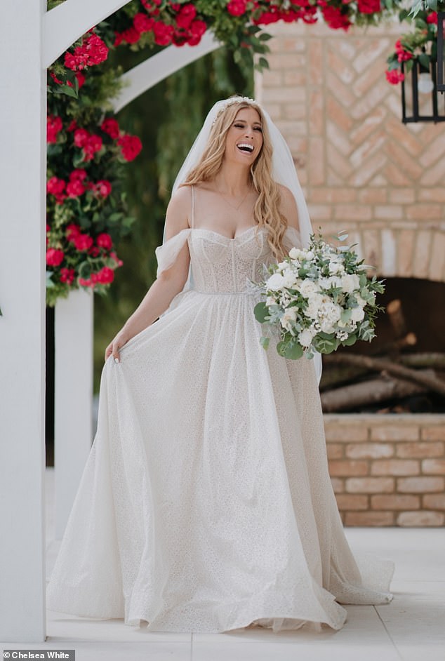 The TV presenter, 35, took to her Instagram ahead of the ceremony to share a slew of snaps in her dazzling outfit, which she revealed had been made from her bridal gown from her wedding to Joe Swash in July 2022 (pictured)