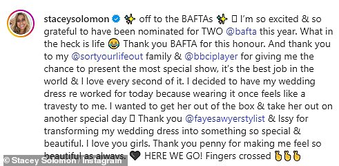 In the caption, Stacey voiced her gratitude to be up for two gongs at the awards, after being nominated for the Entertainment Performance prize for Sort Your Life Out, with the show also getting a nod for Best Factual Entertainment