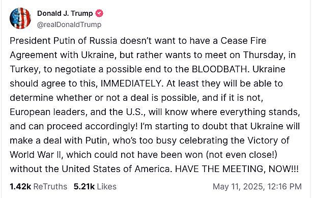 Trump demanded that Ukrainian President Volodymyr Zelensky meet with Russian President Vladimir Putin in Turkey on Thursday