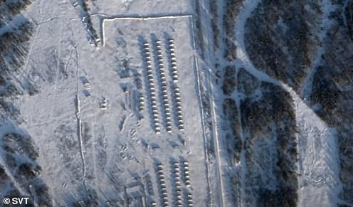 A zoomed-in image shows what appear be the tents set up to house troops in Kamenka