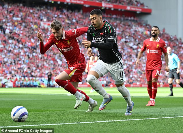 Martinelli had spent most of the first half on the left, up against Liverpool's Conor Bradley