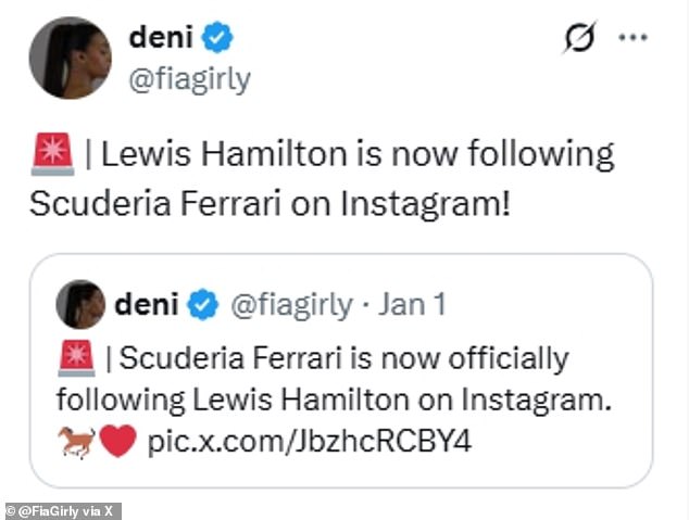 Several some eagle-eyed Formula One fans had noticed earlier this year that Hamilton had followed Ferrari ahead of the beginning of the season