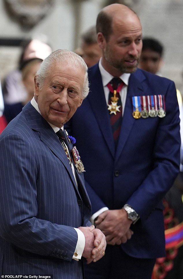 The royal family will put on a united front amid the fallout from Prince Harry 's bombshell BBC interview, with King Charles and Prince William expected to make a rare joint appearance later this week. They are pictured here during VE Day celebrations in London on May 8