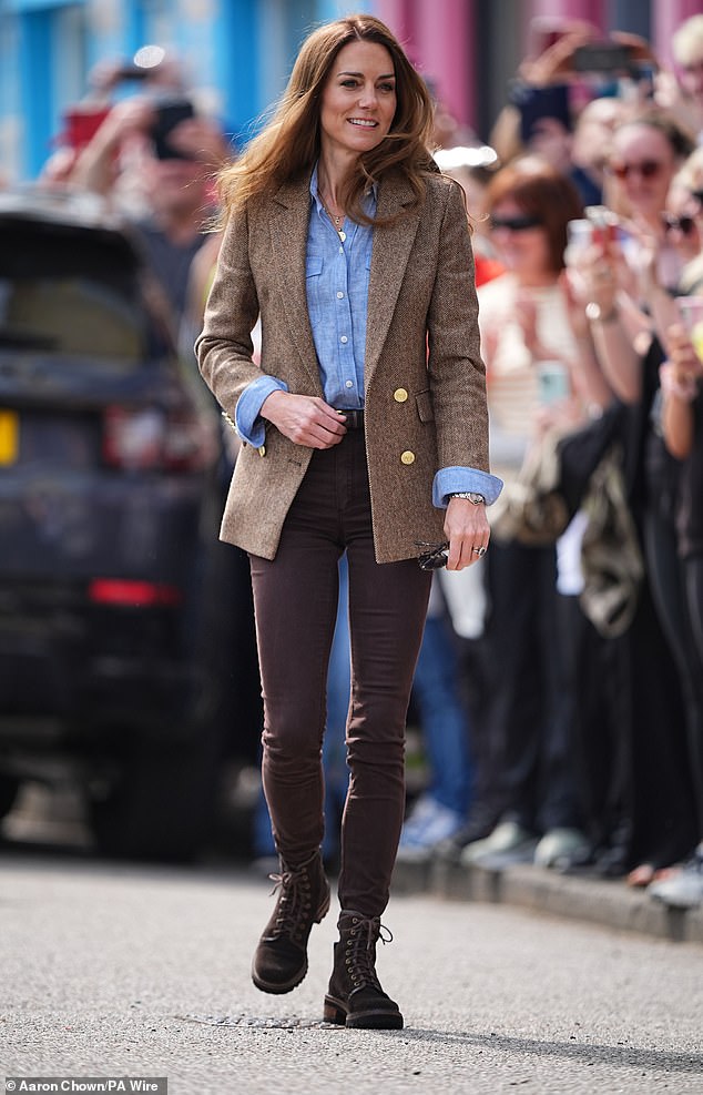 The Princess of Wales wore a classic double-breasted blazer by Holland Cooper during her royal visit to Scotland to mark her and the Prince of Wales' 14th wedding anniversary in May 2025