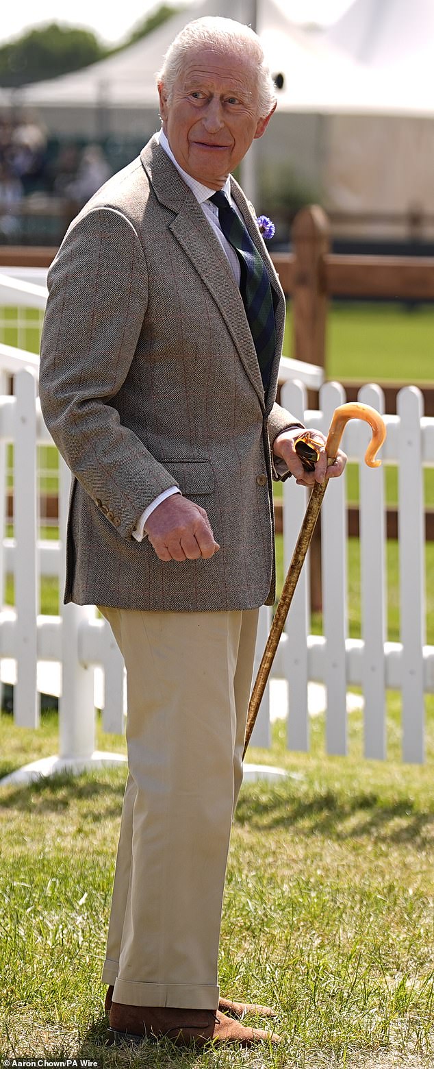 King Charles appeared relaxed as he attended the Royal Windsor Horse Show at Windsor Castle in Berkshire on Saturday