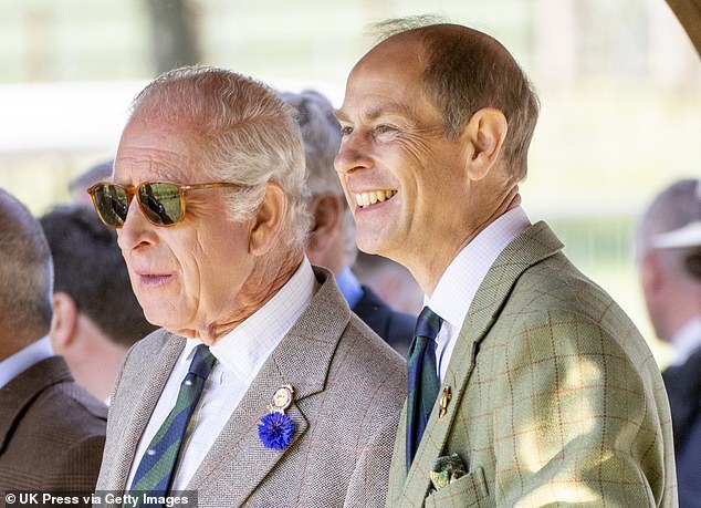 Prince Edward (pictured, right) was seen beaming while he spent time at the horse show with his older brother Charles (pictured, left)