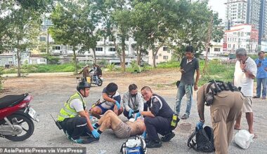Andrew Joseph Cook, 36, from Manchester (pictured) was reportedly with two other foreigners and a Thai woman in a white Toyota Veloz that pulled over in a car park in Pattaya, Thailand , on Friday evening