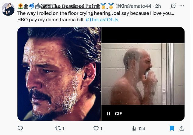Fans were fraught with emotion after watching tonight's episode, including Kira (@KiraYamato44), who said, 'The way I rolled on the floor crying hearing Joel say because I love you¿ HBO pay my damn trauma bill. #TheLastOfUs.'