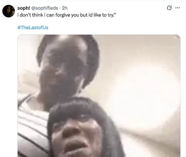 Soph (@sophifieds) shared a crying GIF, while quoting Ellie, "i don¿t think i can forgive you but id like to try. #TheLastofUs'