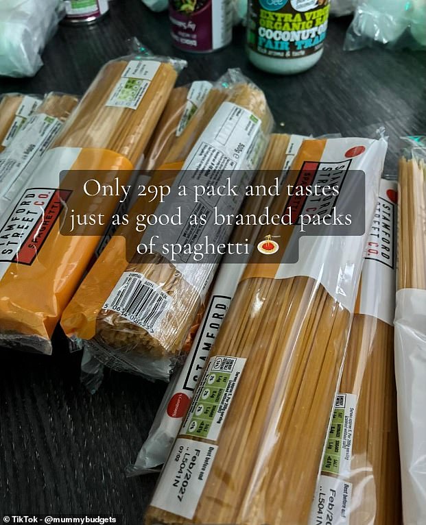 Charlene maximised her budget by buying no branded products, including taking home a dozen packs of pasta which she insisted 'tastes just as good as branded packs of spaghetti'