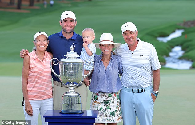 The world No 1 poses with his mom, dad, wife Meredith and their son Bennett at Quail Hollow