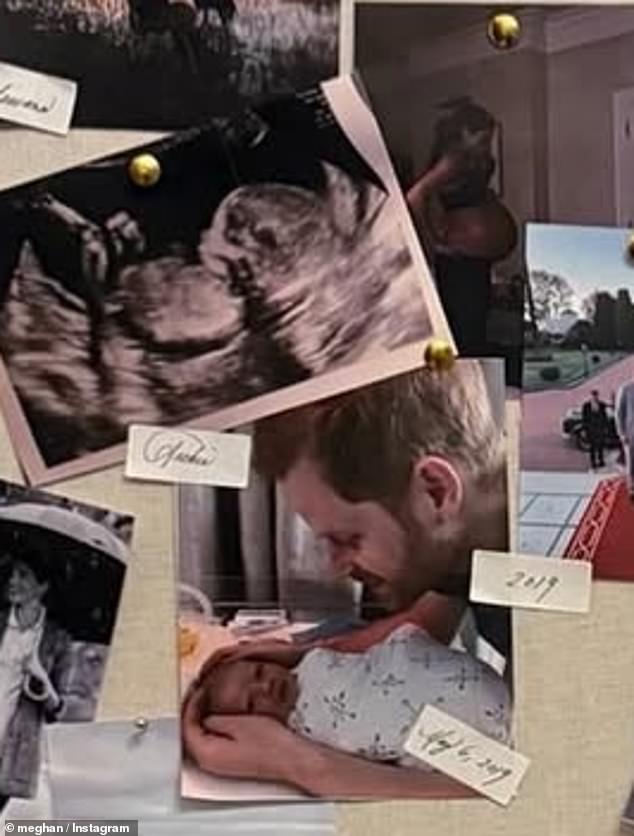A section of the board was dedicated to Meghan and Harry's oldest child, Prince Archie. One photo showed the Duke lovingly cradling his firstborn on May 6, 2019 - Archie's birthday