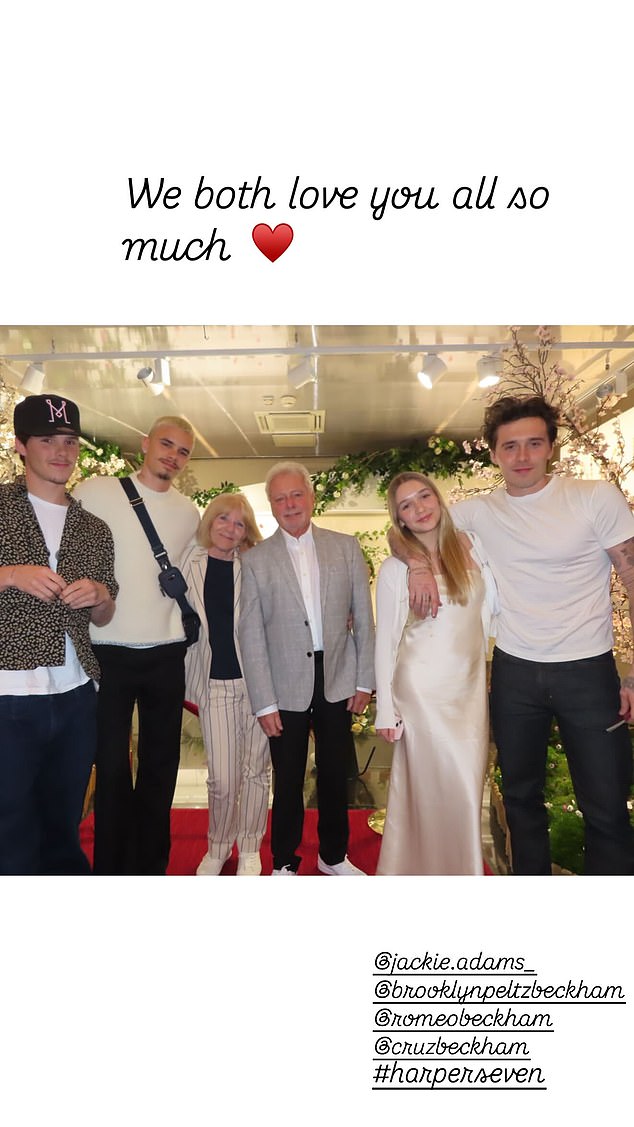 Brooklyn (right) with his siblings and his grandfather Tony (centre) and a photo posted on  Instagram by his mother Victoria