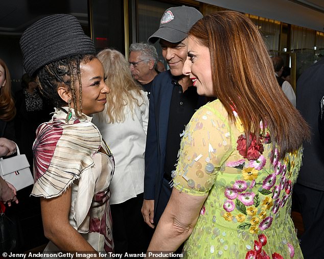 George was joined by his lead producer Sue Wagner (R) as they chatted up Purpose star Kara Young (L), who's nominated for best featured actress in a play