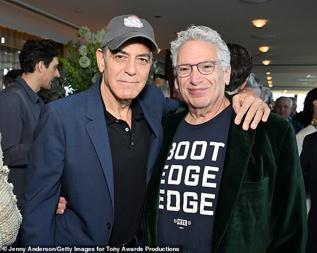Clooney rubbed elbows with Broadway legends like Harvey Fierstein (R), who will receive the Tony Award for lifetime achievement in the theatre when the ceremony airs June 8 on CBS