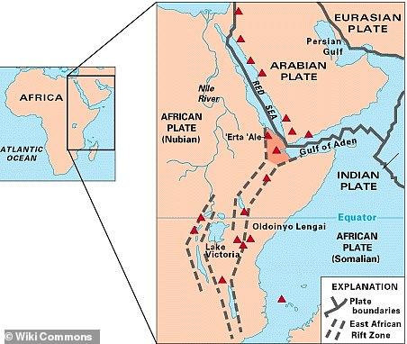 The African Plate is splitting into two independent tectonic plates - the Nubian and Somali - as a result of a tremendous rising of hot, partially molten rock known as the African Superplume