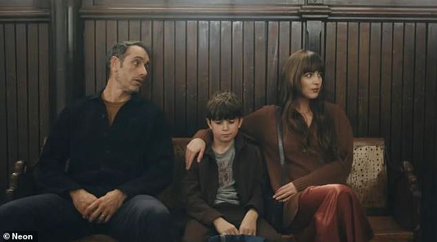 From left: Michael Angelo Covino, Simon Webster and Dakota Johnson in 'Splitsville'
