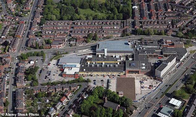 Aerial view of Stretford Mall in Greater Manchester. Highfield Close is just a ten-minute walk from here but is derelict