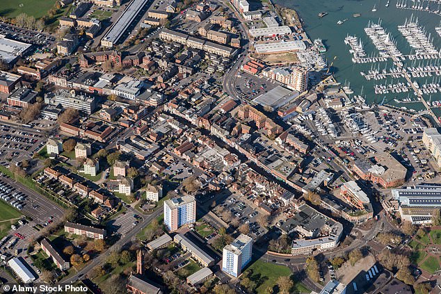 Gosport's high street from above, just the other side of the marina to Portsmouth