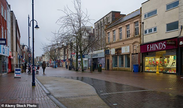 A dreary day at the run-down shopping high street in Gosport, Hampshire