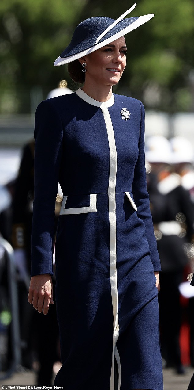 After the ceremony, William and Kate (pictured), known in Scotland as the Duke and Duchess of Rothesay, boarded the ship and met representatives from BAE Systems, which has led the delivery of the vessel, and others from the Royal Navy who discussed the ship’s capabilities