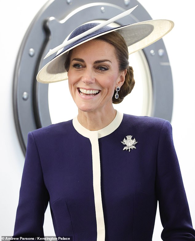 The Princess of Wales (pictured) was all smiles as she attended the official naming of a new Royal Navy warship in Glasgow