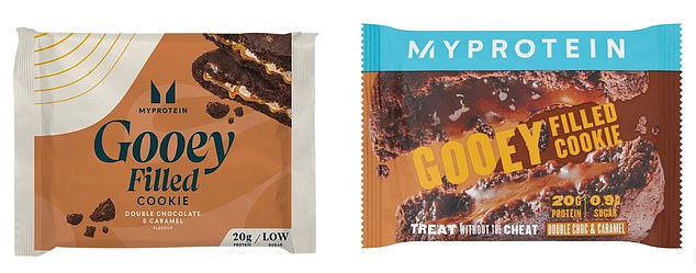 Food safety watchdogs stuck a 'do not eat' alert on health brand Myprotein's double chocolate and caramel gooey filled cookie.=