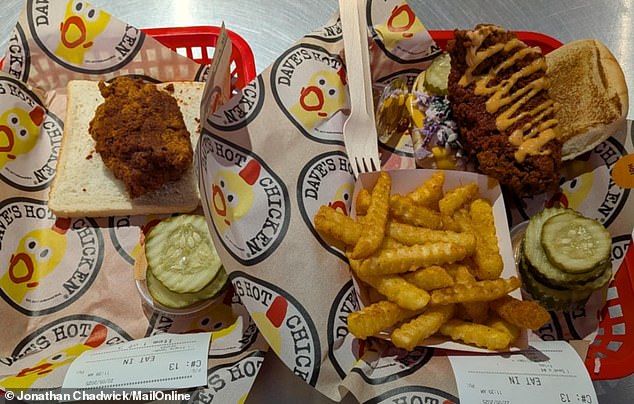 To line my stomach beforehand, I eat the mild chicken burger with chips, served with special sauce and pickles (right). The Reaper tender is served on a slice of white bread with pickles, true to traditional Nashville style