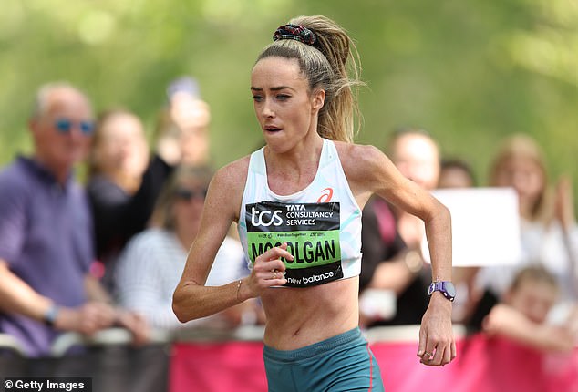 Eilish McColgan on her way to an eighth place finish during her marathon debut in London
