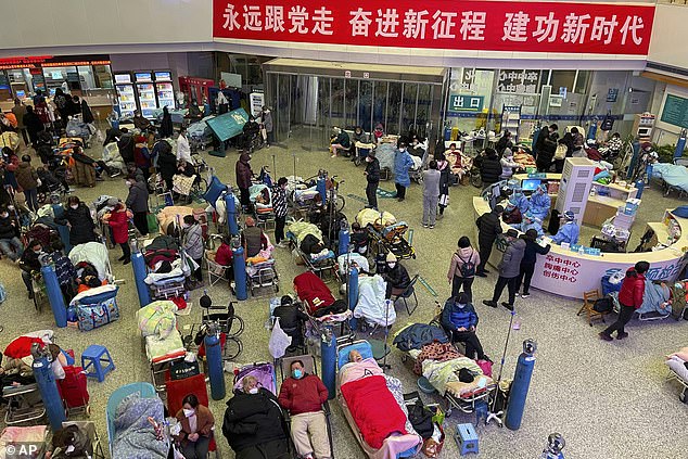 The above shows a hospital in China in January 2023. Many of the patients shown are elderly and were reported to be suffering from Covid