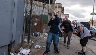 The researchers said the uptick was linked to surging overdose deaths from drugs among other factors. Pictured above are people suffering from drug dependency in Philadelphia, Pennsylvania