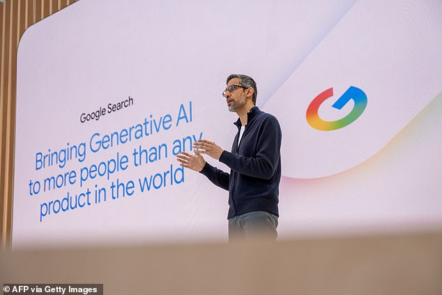 Google CEO Sundar Pichai addresses the crowd during Google's annual I/O developers conference in Mountain View, California on May 20, 2025