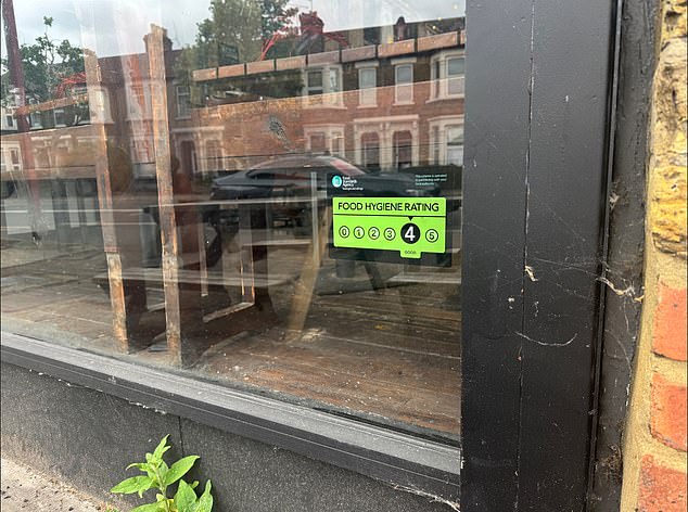 The bar displays a four-star food hygiene rating but is listed on the FSA website as having zero stars