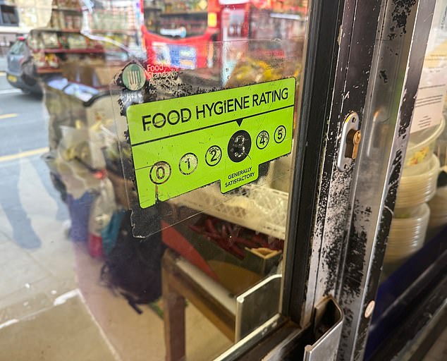 However, the door displays a three-star food hygiene rating sticking claiming standards are 'generally satisfactory'