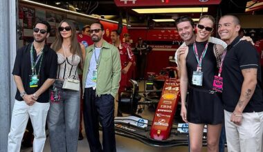 Sofia Vergara (left middle) beamed as she stood alongside her new mystery man (left front) at the Monaco Grand Prix
