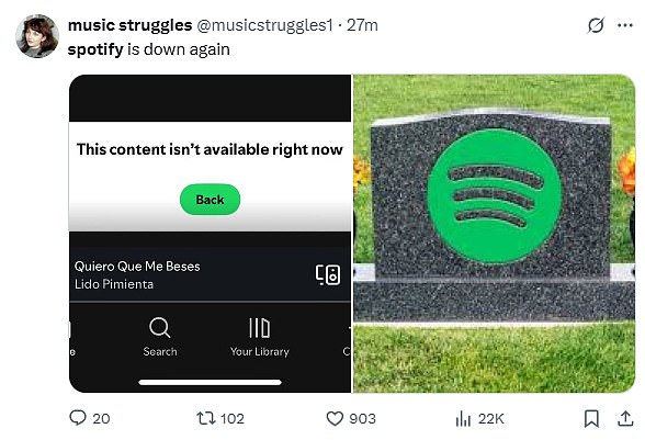 'Spotify is down again,' one user tweeted, alongside a screenshot of the app and a tombstone with the Spotify logo
