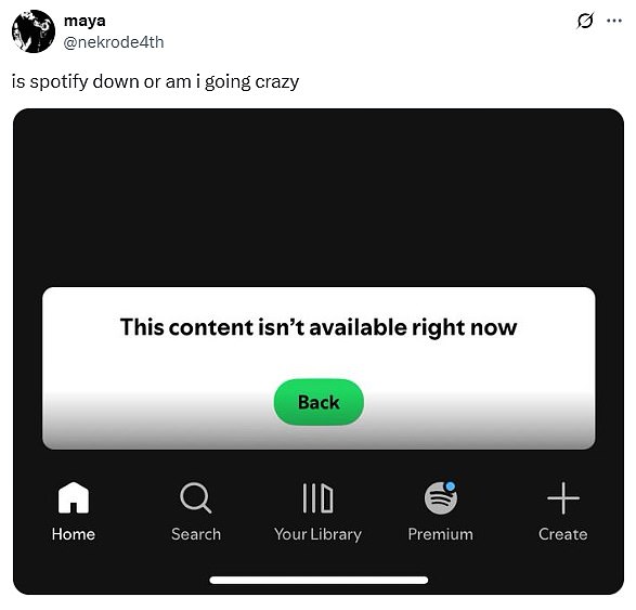 One user tweeted a screenshot of an error page, and asked: 'is spotify down or am i going crazy'