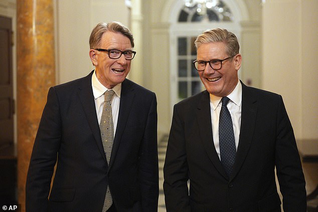 Keir Starmer talks with Britain's ambassador to the US Peter Mandelson during a welcome reception at the ambassador's residence in February