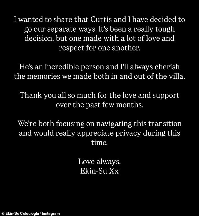 Announcing the split on Instagram on Wednesday, Ekin wrote: 'I wanted to share that Curtis and I have decided to go our seperate ways'