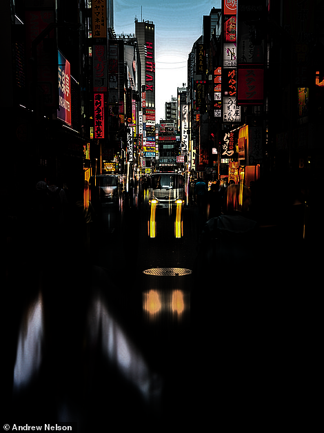 Andrew Nelson took this photo in Tokyo's Shinjuku district. He explains: 'The abstraction is intended, and there is a lot of subject in the scene, depicting the chaos, beauty and complexity of Tokyo city life'