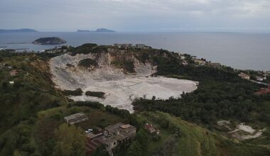 View of the Solfatara crater, part of the Campi Flegrei Volcano in Pozzuoli, the biggest caldera of southern Italy, Campania region