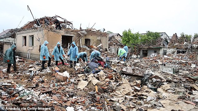 A view of the destruction after Russian forces carry out a combined attack with missiles and drones in Khmelnytskyi, Ukraine on May 25, 2025