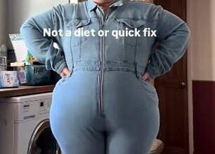 Amy Swan completely transformed herself and lost nine stone without the help of weight loss jabs by using meal replacements. Above. pictured in January 2024 before the weight loss