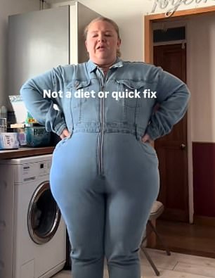 Amy Swan completely transformed herself and lost nine stone without the help of weight loss jabs by using meal replacements. Above. pictured in January 2024 before the weight loss