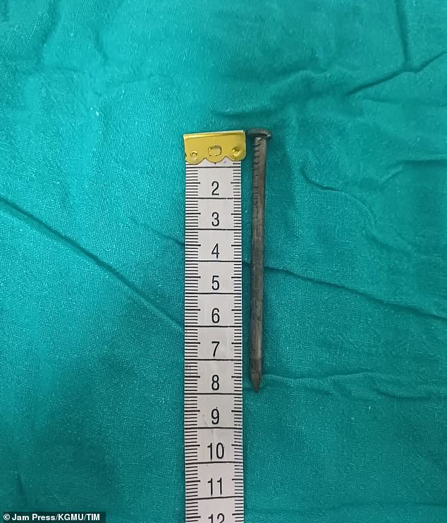 Pictured: the iron piece that had punctured the young boy's skin measured 8cm, equating to more than three inches. Dr Sandip Tiwari, who heads the trauma surgery department where the young boy was treated, described his recovery as 'nothing short of miraculous'