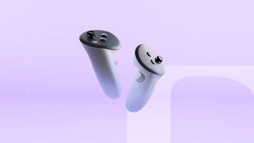 Two white and black Meta Quest 3 controllers against a purple gradient background. 