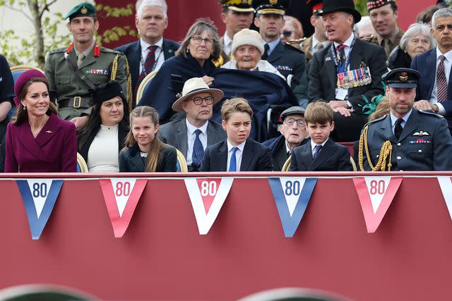  Chris Jackson/Getty Kate Middleton, Princess Charlotte, Prince George, Prince Louis and Prince William during the military procession to mark the 80th anniversary of VE Day on May 05, 2025 in London, England.