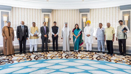 An All-party delegation led by Shiv Sena MP Shrikant Shinde in a group picture with UAE Minister of Minister of Tolerance Sheikh Nahyan bin Mubarak Al Nahyan.(India in UAE - X)
