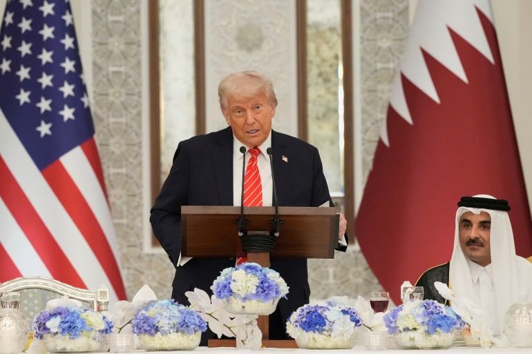 Donald Trump speaks at a state dinner at Lusail Palace.