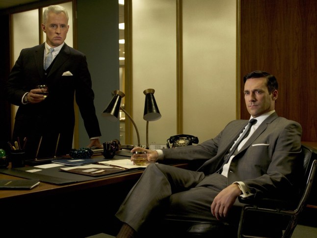TELEVISION PROGRAMME: MAD MEN. Picture shows: (l-r) John Slattery as Roger Sterling, Jon Hamm as Don Draper. TX: BBC Four, BBC Week 6 Lionsgate Warning: Use of this copyright image is subject to the terms of use of BBC Pictures' BBC Digital Picture Service. In particular, this image may only be published in print for editorial use during the publicity period (the weeks immediately leading up to and including the transmission week of the relevant programme or event and three review weeks following) for the purpose of publicising the programme, person or service pictured and provided the BBC and the copyright holder in the caption are credited.